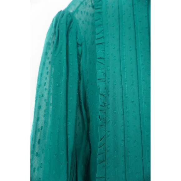 Farm Rio Emerald Green Ruffled Boho Blouse Swiss Dot Semi Sheer Mock Neck Size L - Picture 15 of 15